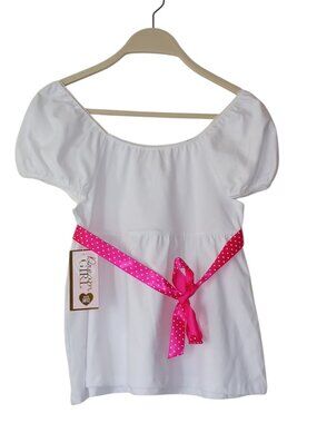 Dream Girl White Empire Waist Dress w/ Pink Polka Dot Ribbon Size 10/12